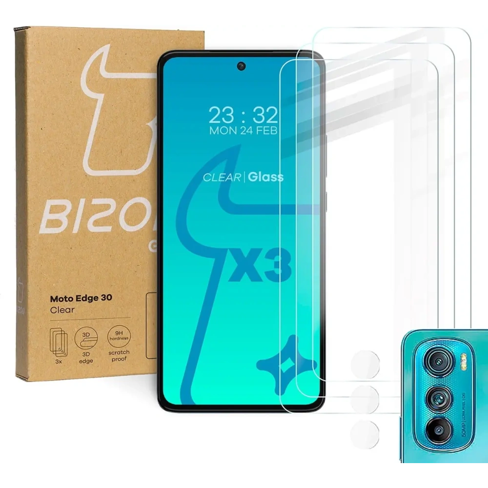 Szkło hartowane Bizon Glass Clear - 3 szt. + obiektyw Motorola Edge 30