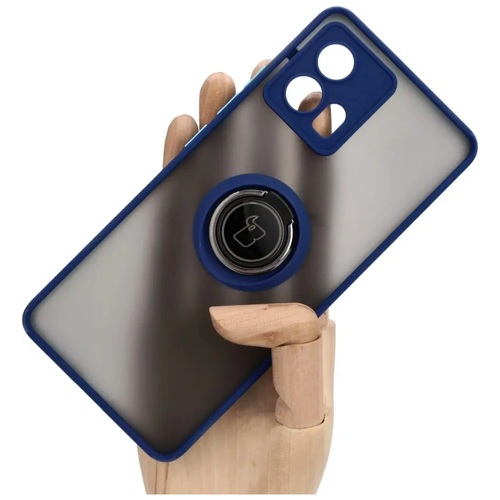 Etui z uchwytem na palec Bizon Case Hybrid Ring do Motorola Edge 30 Fusion przydymione z granatową ramką