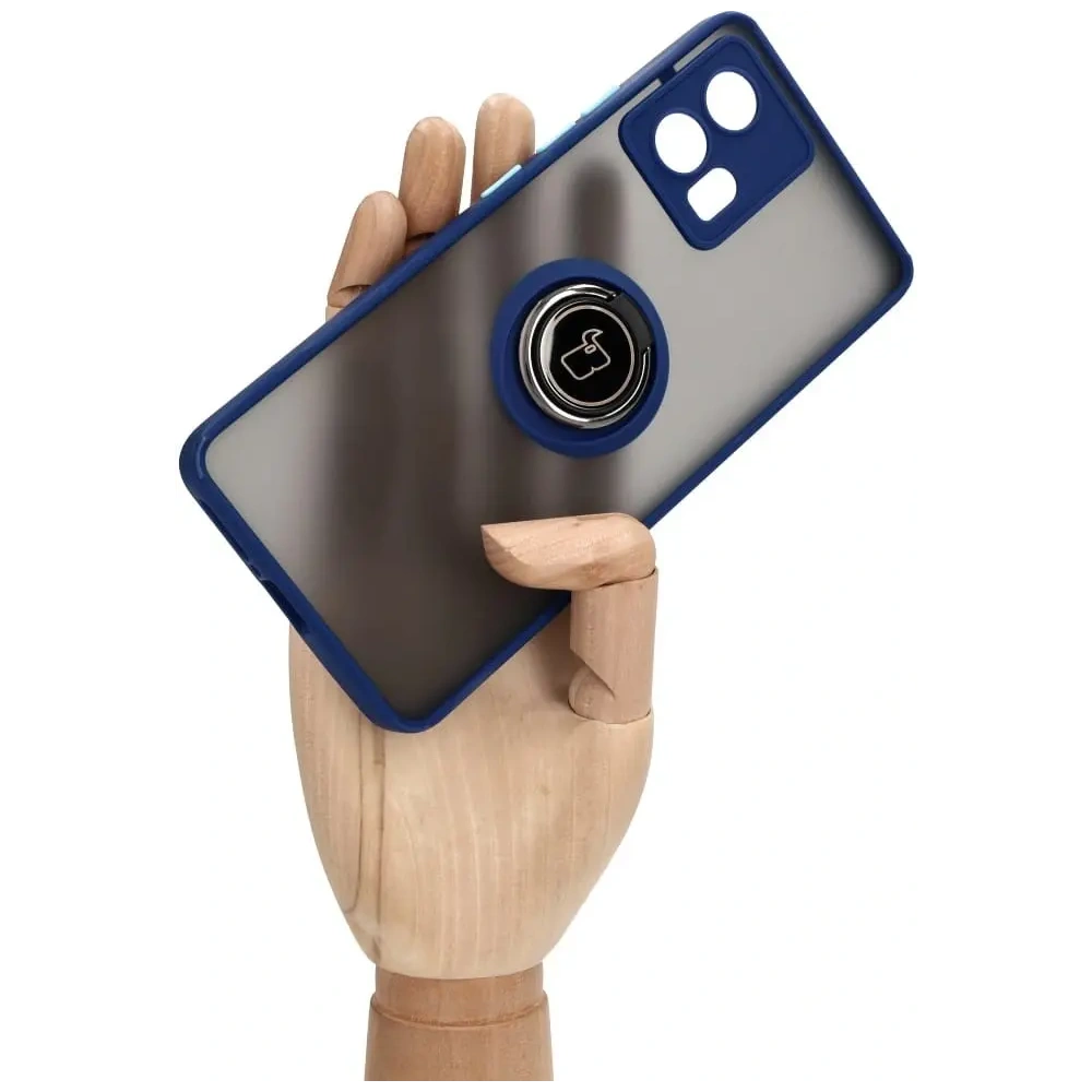 Etui z uchwytem na palec Bizon Case Hybrid Ring do Motorola Edge 30 Fusion przydymione z granatową ramką