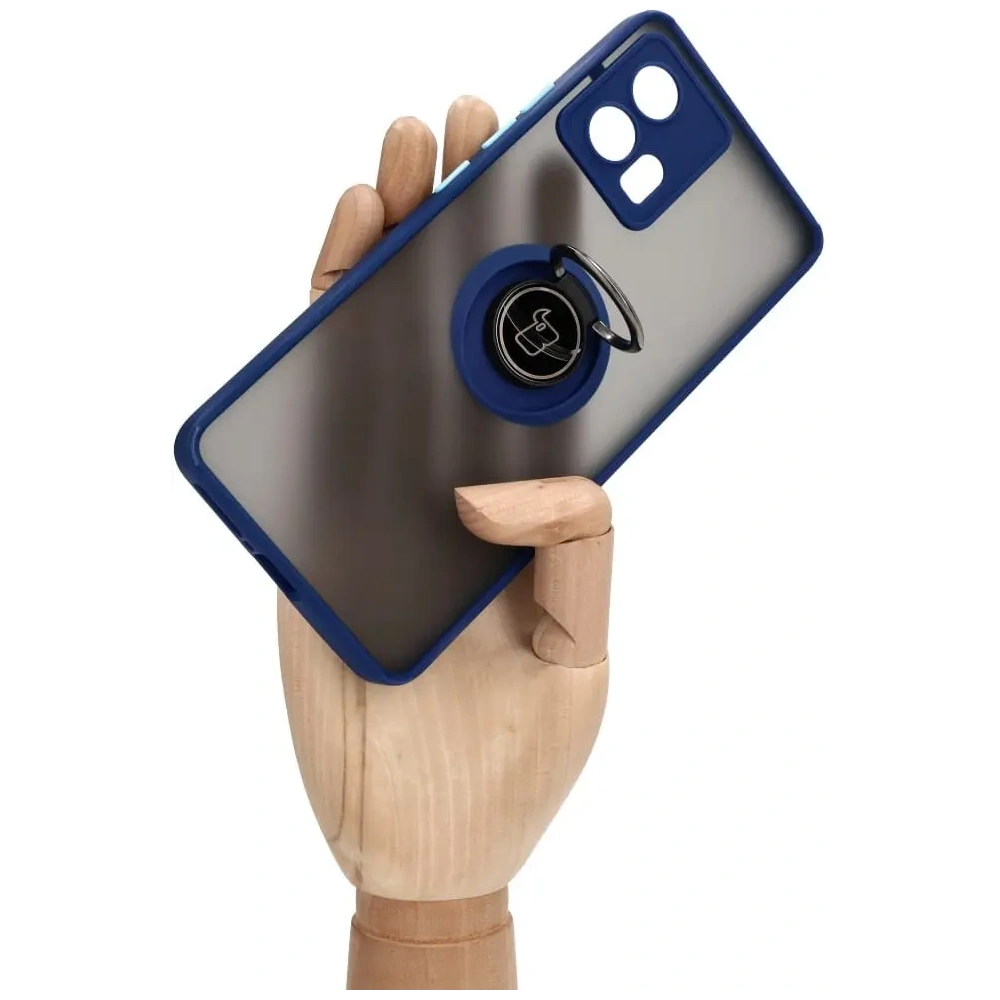 Etui z uchwytem na palec Bizon Case Hybrid Ring do Motorola Edge 30 Fusion przydymione z granatową ramką