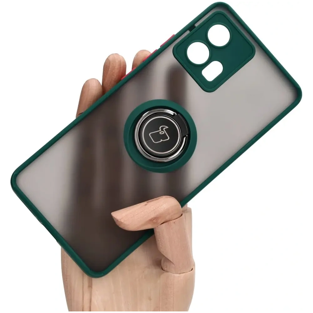 Etui z uchwytem na palec Bizon Case Hybrid Ring do Motorola Edge 30 Fusion przydymione z ciemnozieloną ramką