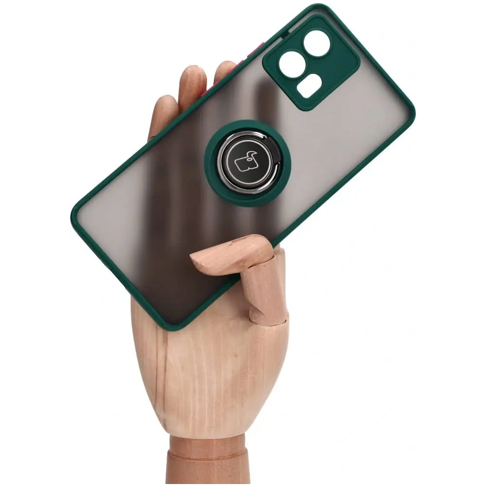Etui z uchwytem na palec Bizon Case Hybrid Ring do Motorola Edge 30 Fusion przydymione z ciemnozieloną ramką