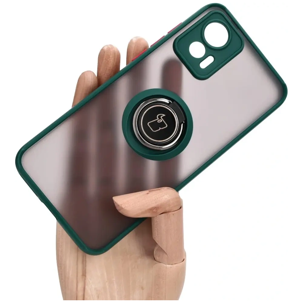 Etui z uchwytem na palec Bizon Case Hybrid Ring do Motorola Edge 30 Neo przydymione z ciemnozieloną ramką