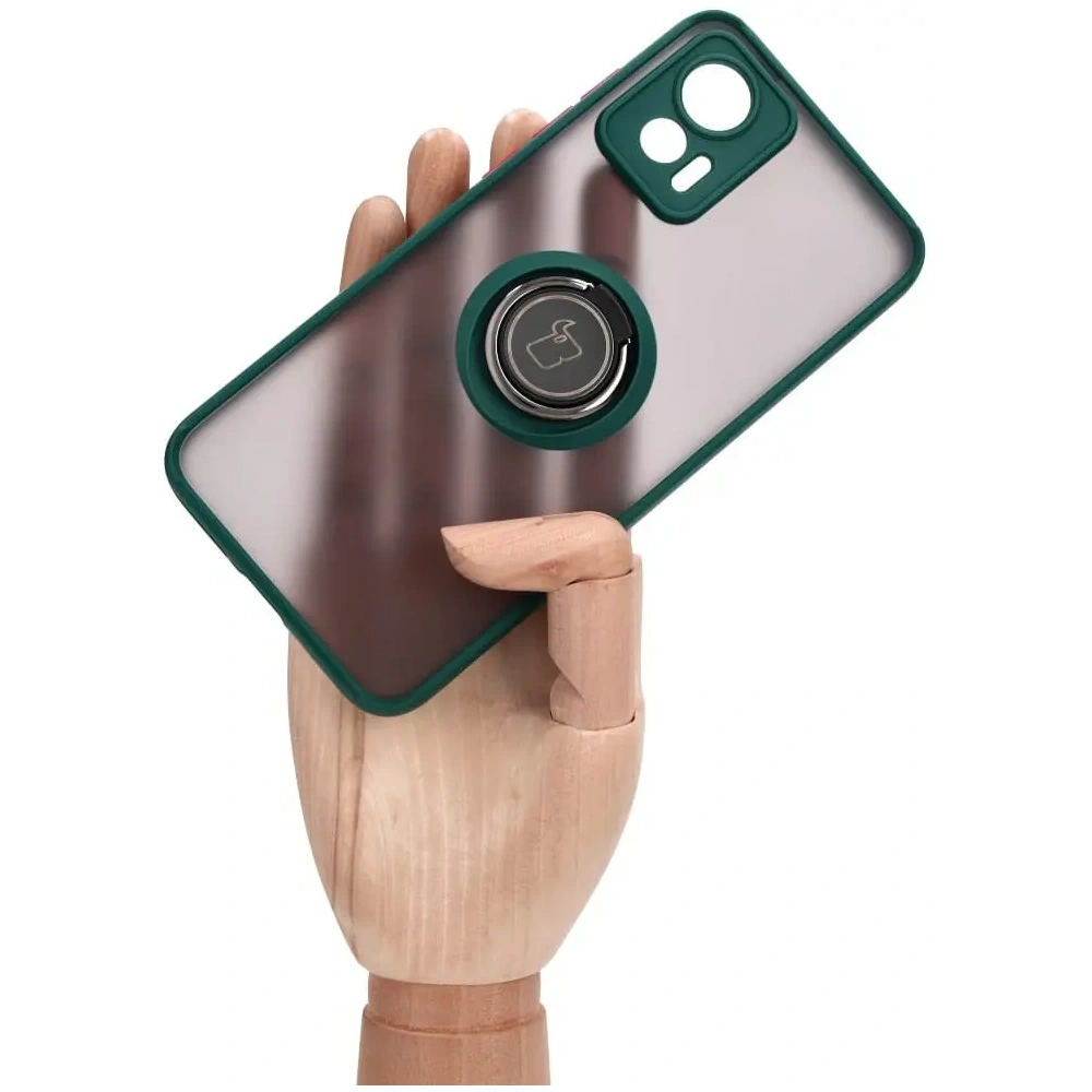Etui z uchwytem na palec Bizon Case Hybrid Ring do Motorola Edge 30 Neo przydymione z ciemnozieloną ramką