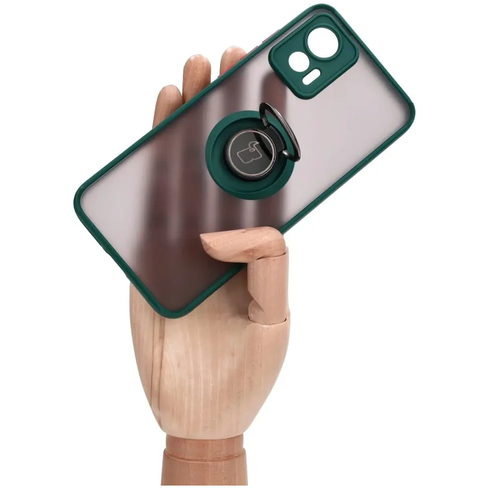 Etui z uchwytem na palec Bizon Case Hybrid Ring do Motorola Edge 30 Neo przydymione z ciemnozieloną ramką