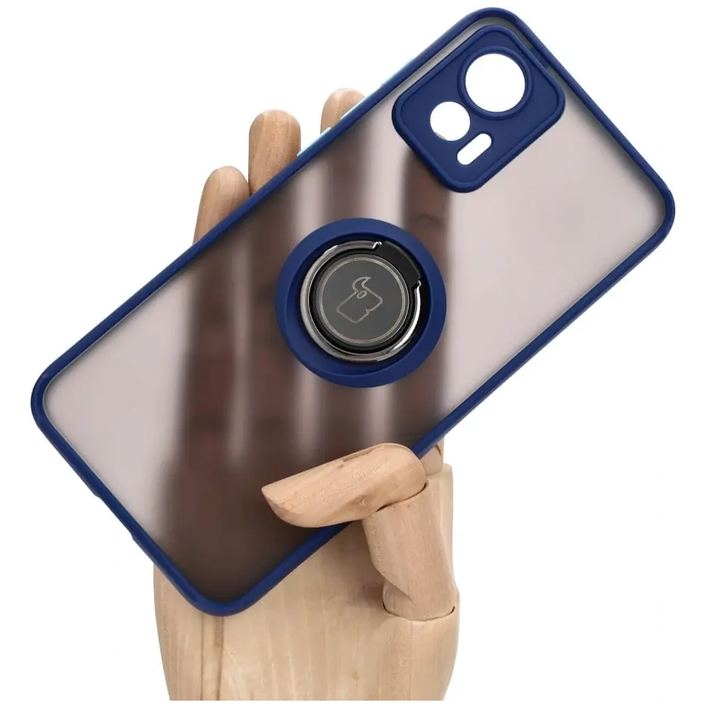 Etui z uchwytem na palec Bizon Case Hybrid Ring do Motorola Edge 30 Neo przydymione z granatową ramką