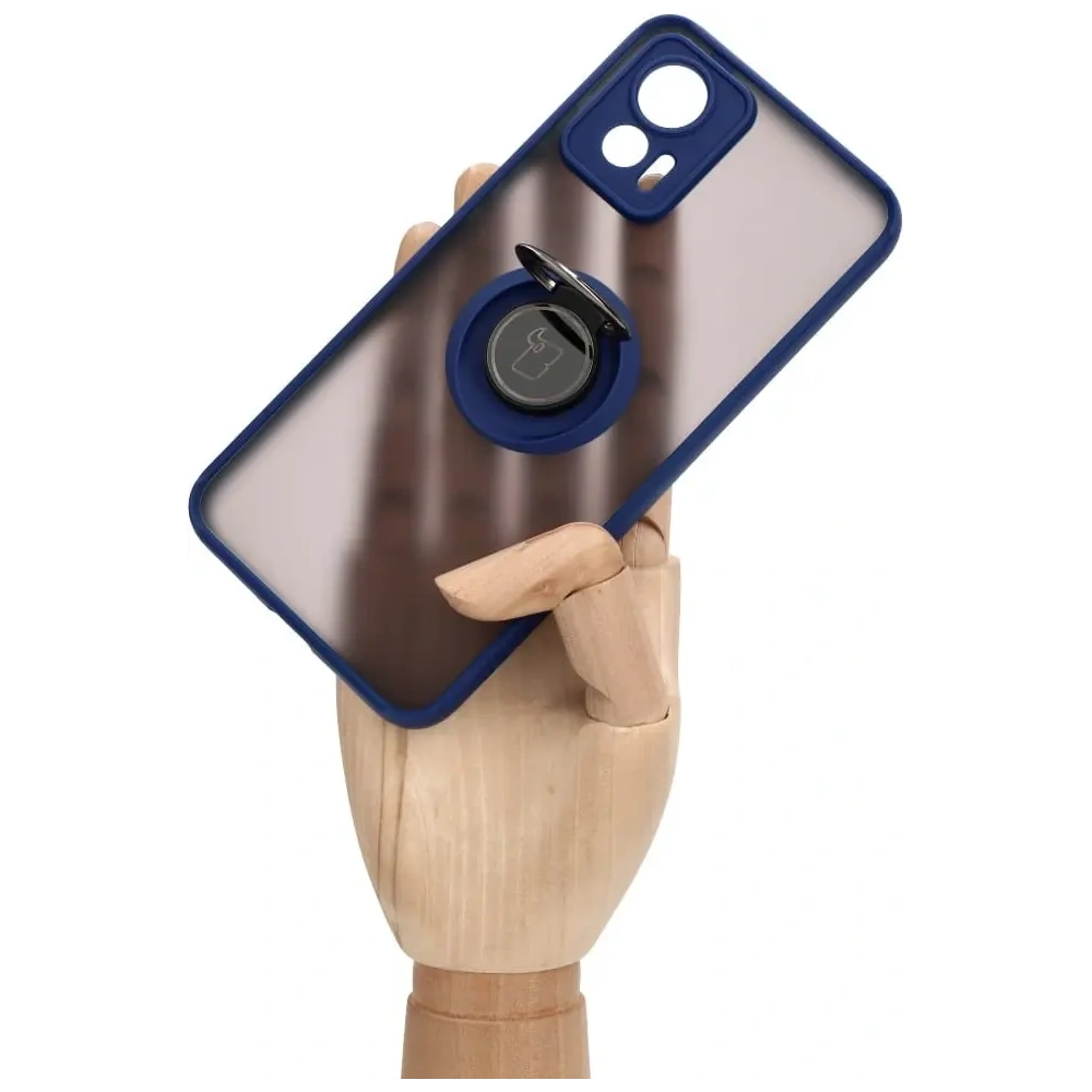 Etui z uchwytem na palec Bizon Case Hybrid Ring do Motorola Edge 30 Neo przydymione z granatową ramką