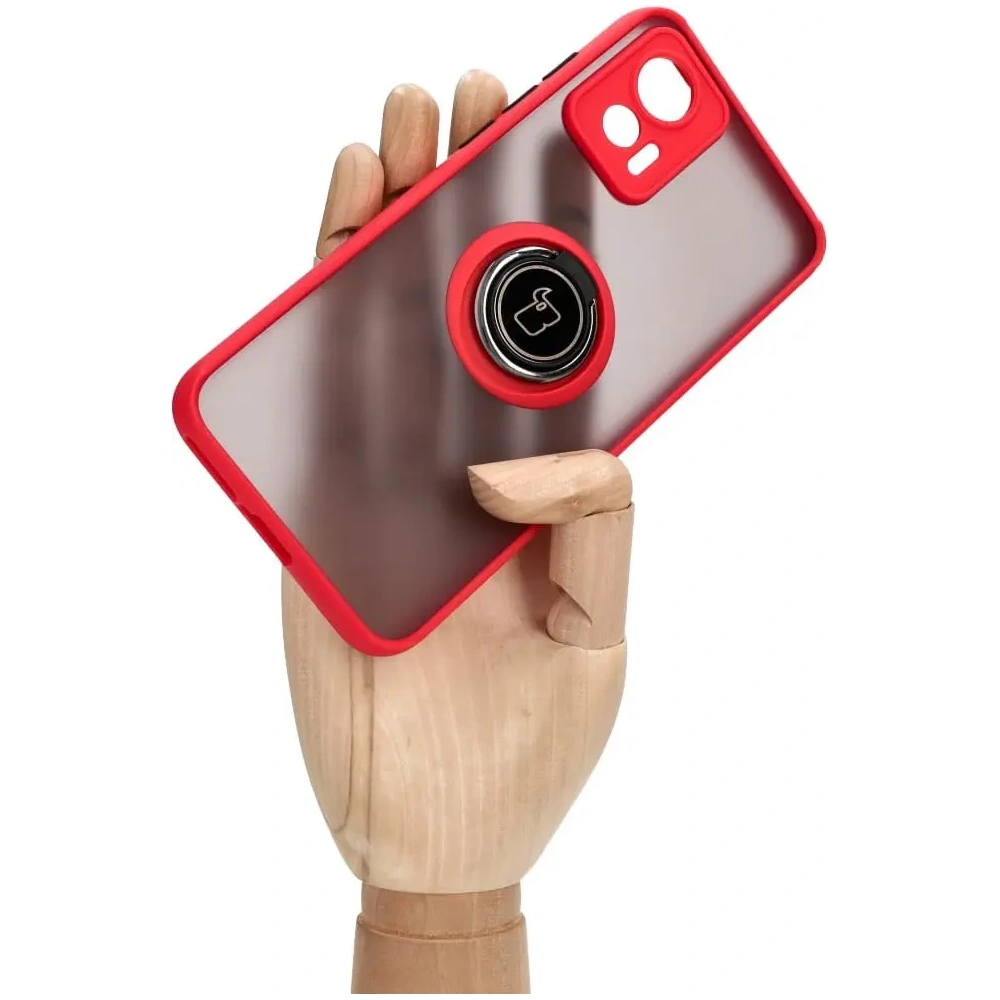 Etui z uchwytem na palec Bizon Case Hybrid Ring do Motorola Edge 30 Neo przydymione z czerwoną ramką
