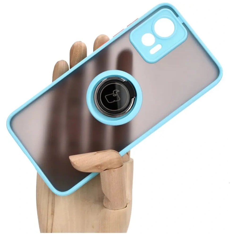 Etui z uchwytem na palec Bizon Case Hybrid Ring do Motorola Edge 30 Neo przydymione z jasnoniebieską ramką