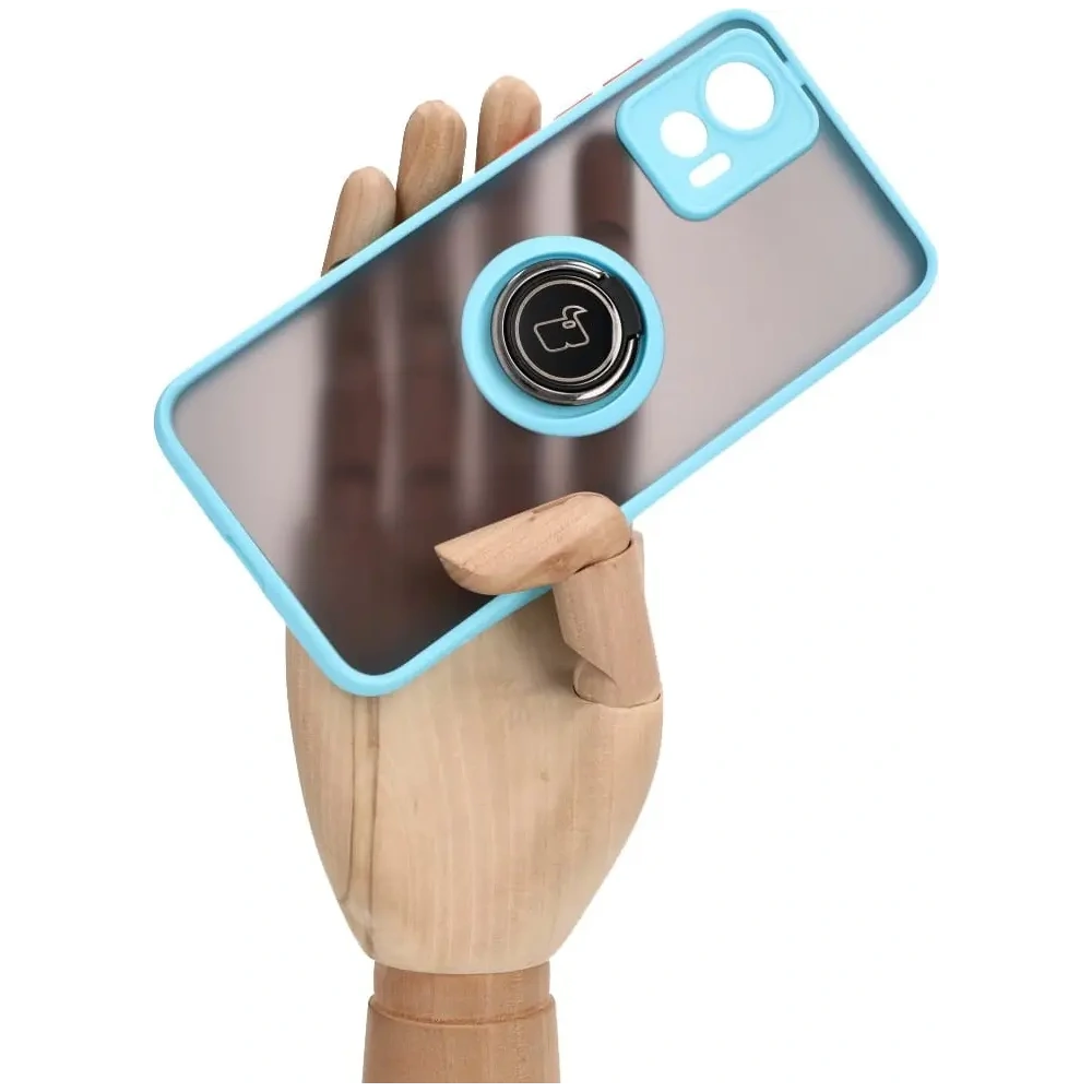 Etui z uchwytem na palec Bizon Case Hybrid Ring do Motorola Edge 30 Neo przydymione z jasnoniebieską ramką