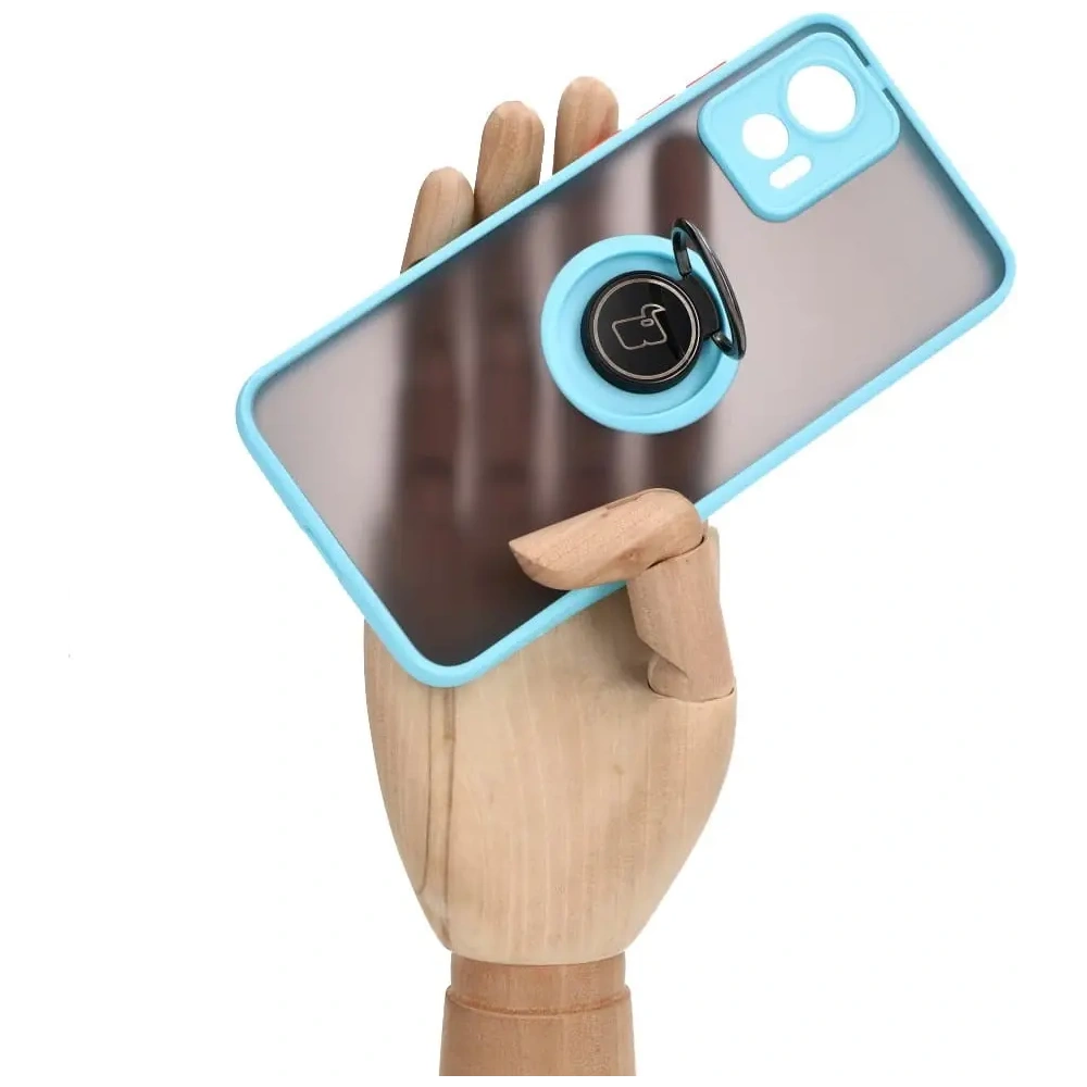 Etui z uchwytem na palec Bizon Case Hybrid Ring do Motorola Edge 30 Neo przydymione z jasnoniebieską ramką