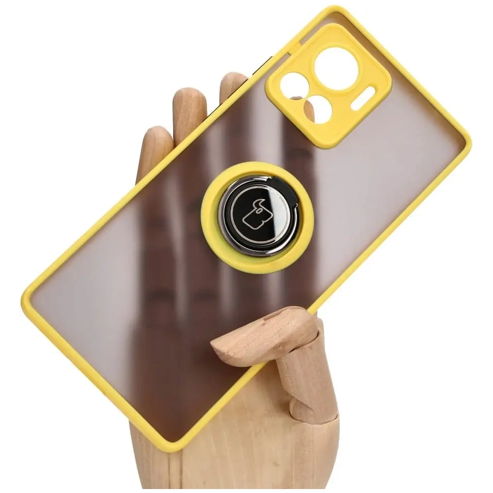 Etui z uchwytem na palec Bizon Case Hybrid Ring do Motorola Edge 30 Ultra przydymione z żółtą ramką
