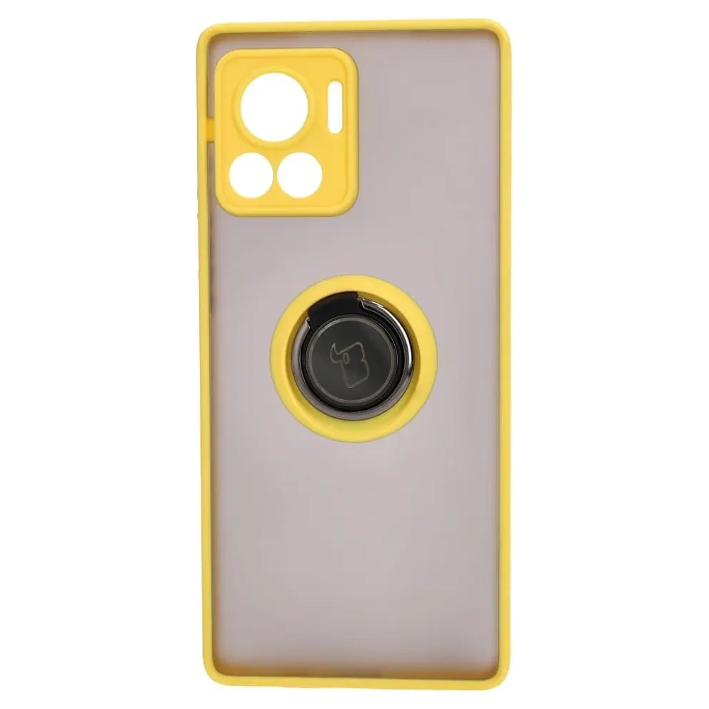 Etui z uchwytem na palec Bizon Case Hybrid Ring do Motorola Edge 30 Ultra przydymione z żółtą ramką