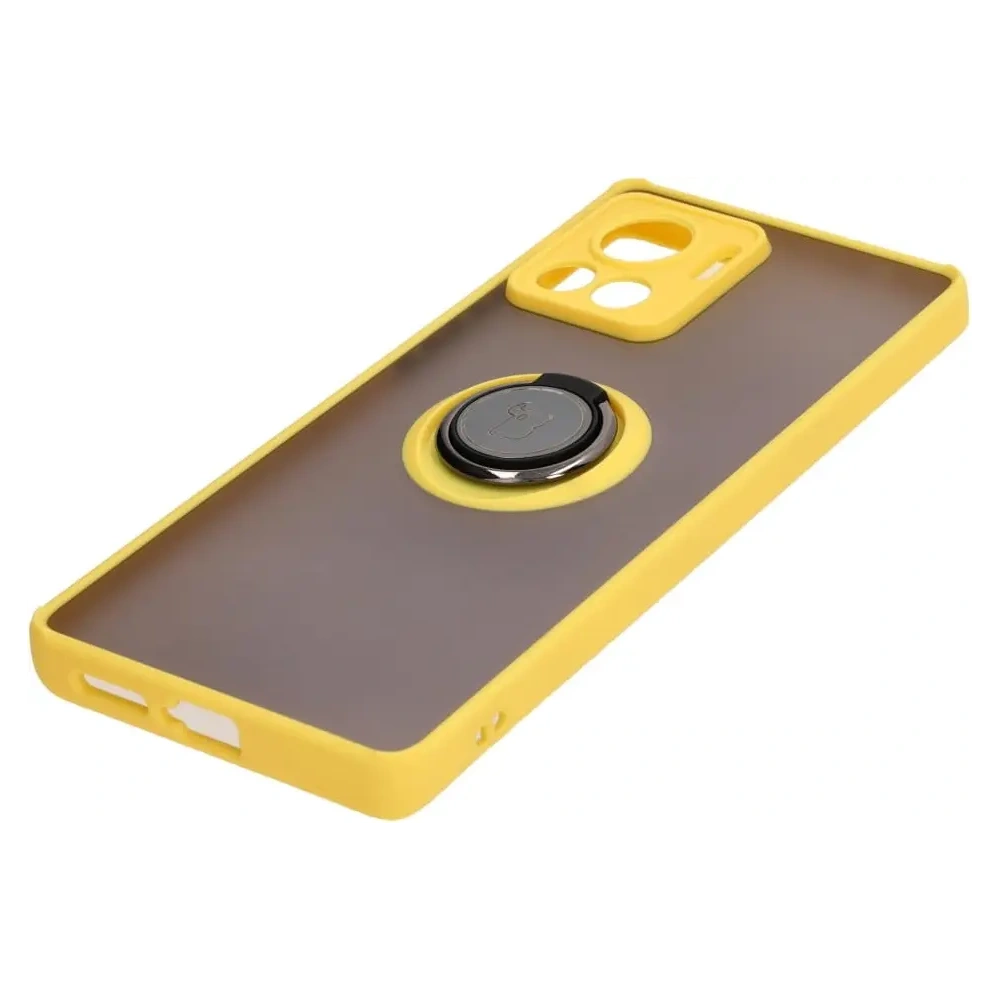 Etui z uchwytem na palec Bizon Case Hybrid Ring do Motorola Edge 30 Ultra przydymione z żółtą ramką