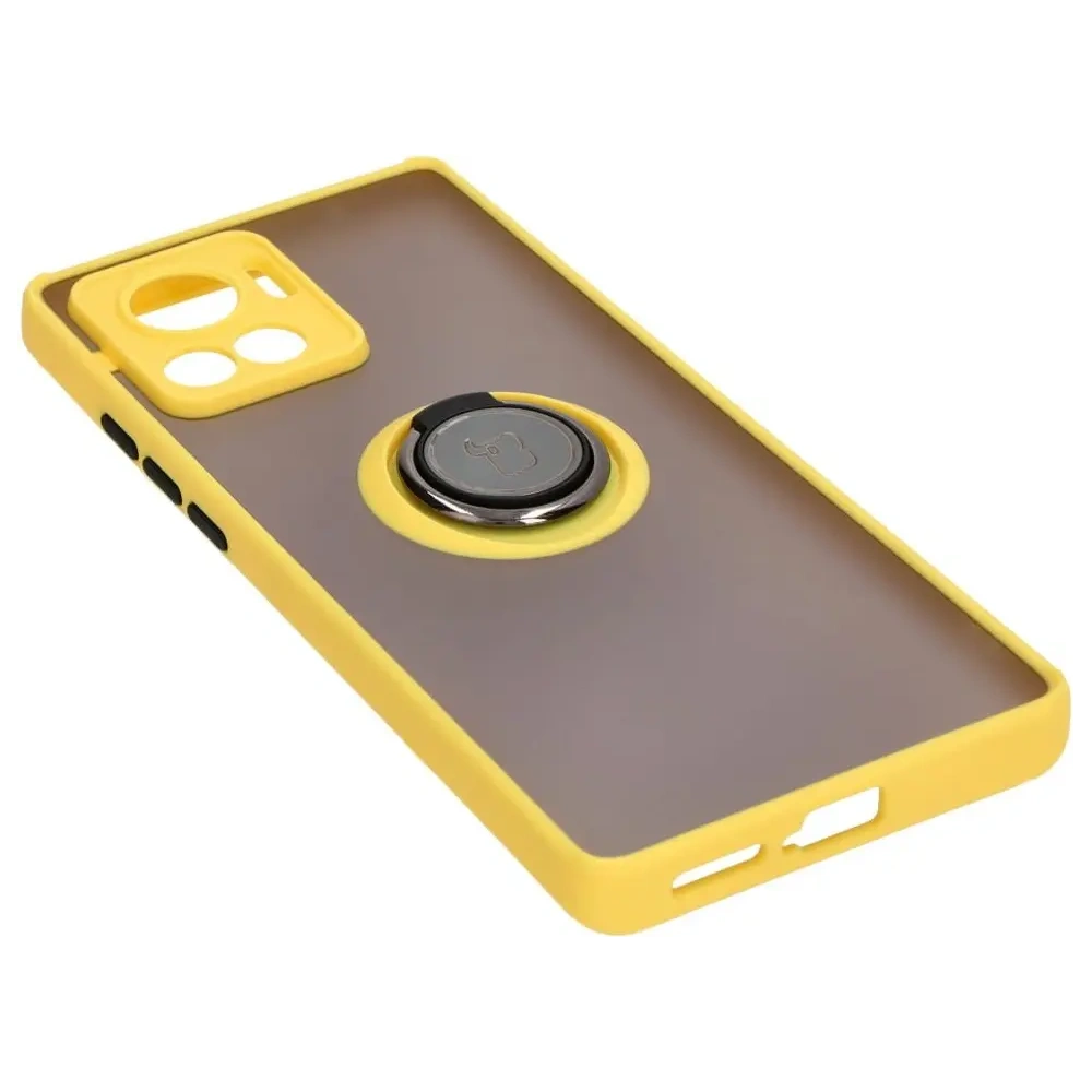 Etui z uchwytem na palec Bizon Case Hybrid Ring do Motorola Edge 30 Ultra przydymione z żółtą ramką