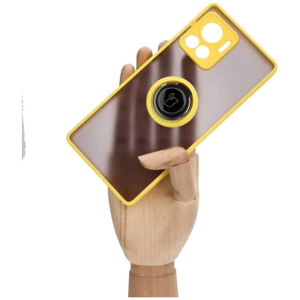 Etui z uchwytem na palec Bizon Case Hybrid Ring do Motorola Edge 30 Ultra przydymione z żółtą ramką