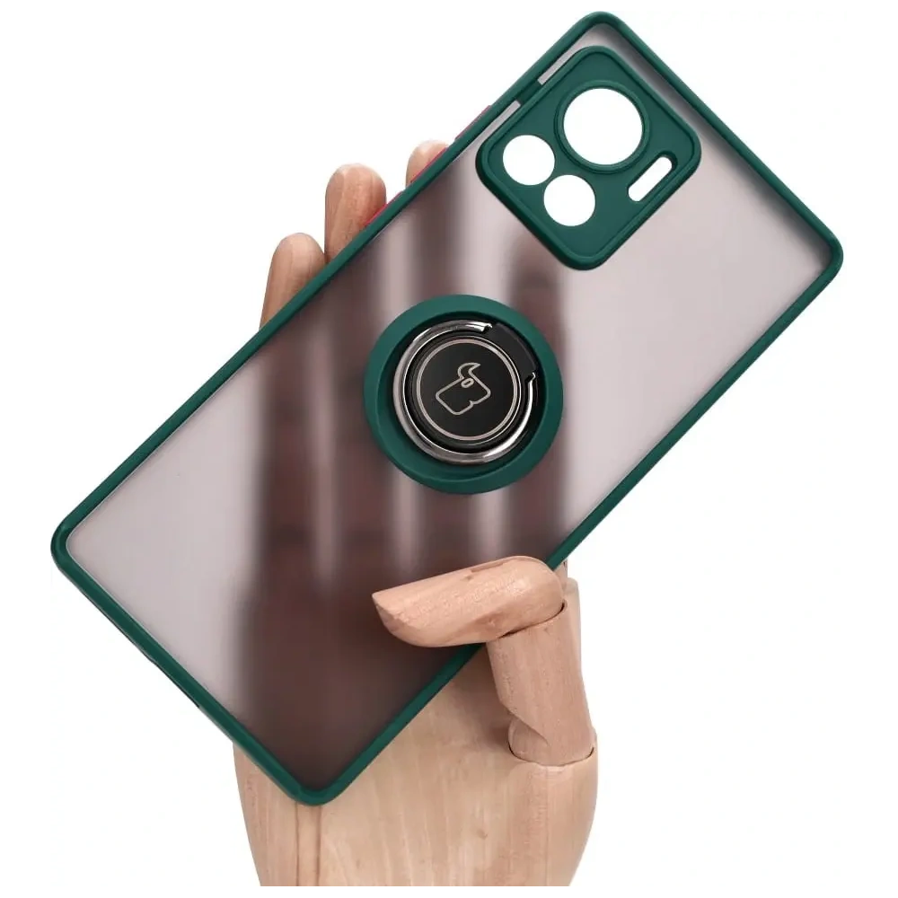 Etui z uchwytem na palec Bizon Case Hybrid Ring do Motorola Edge 30 Ultra przydymione z ciemnozieloną ramką