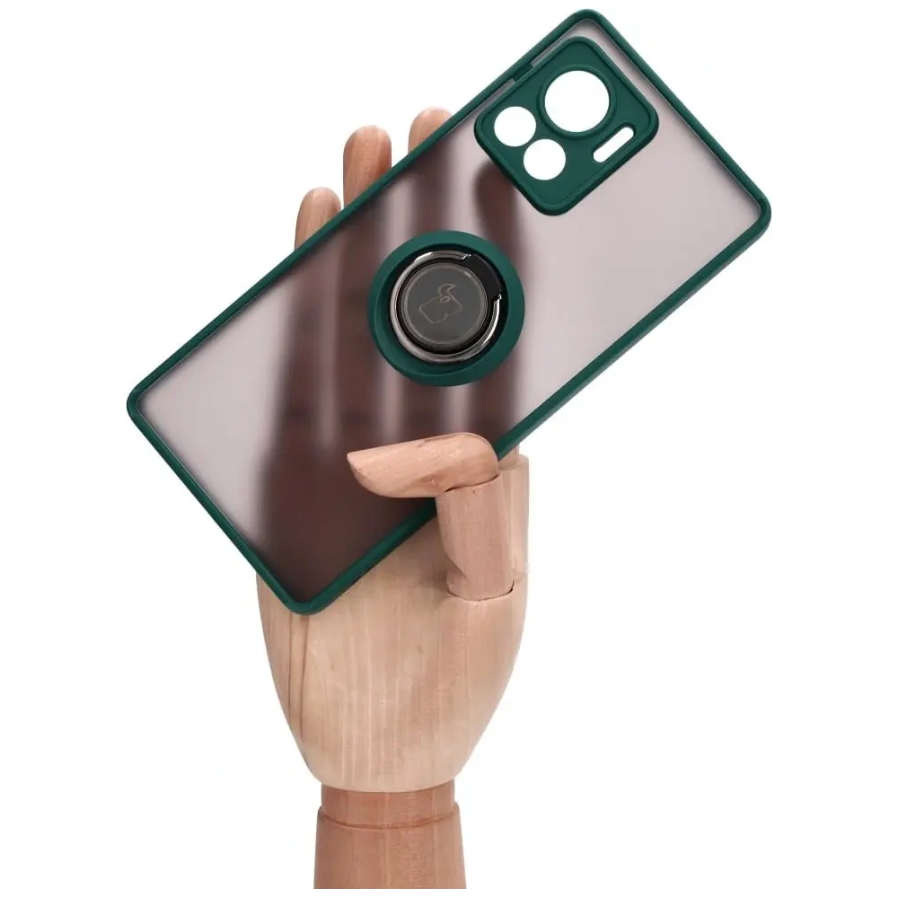 Etui z uchwytem na palec Bizon Case Hybrid Ring do Motorola Edge 30 Ultra przydymione z ciemnozieloną ramką