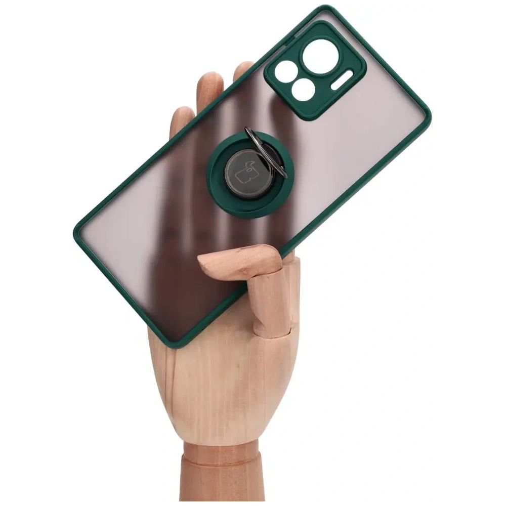 Etui z uchwytem na palec Bizon Case Hybrid Ring do Motorola Edge 30 Ultra przydymione z ciemnozieloną ramką