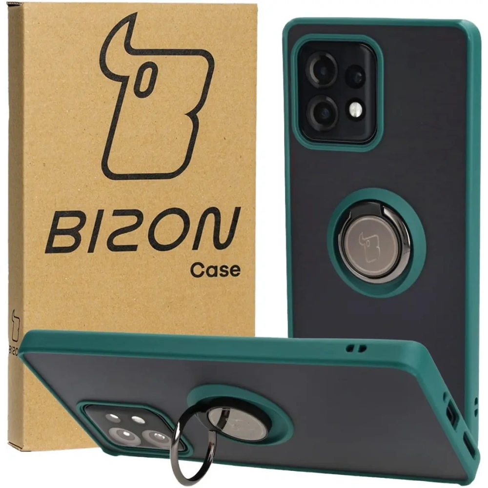 Etui z uchwytem na palec Bizon Case Hybrid Ring do Motorola Edge 40 Pro przydymione z ciemnozieloną ramką