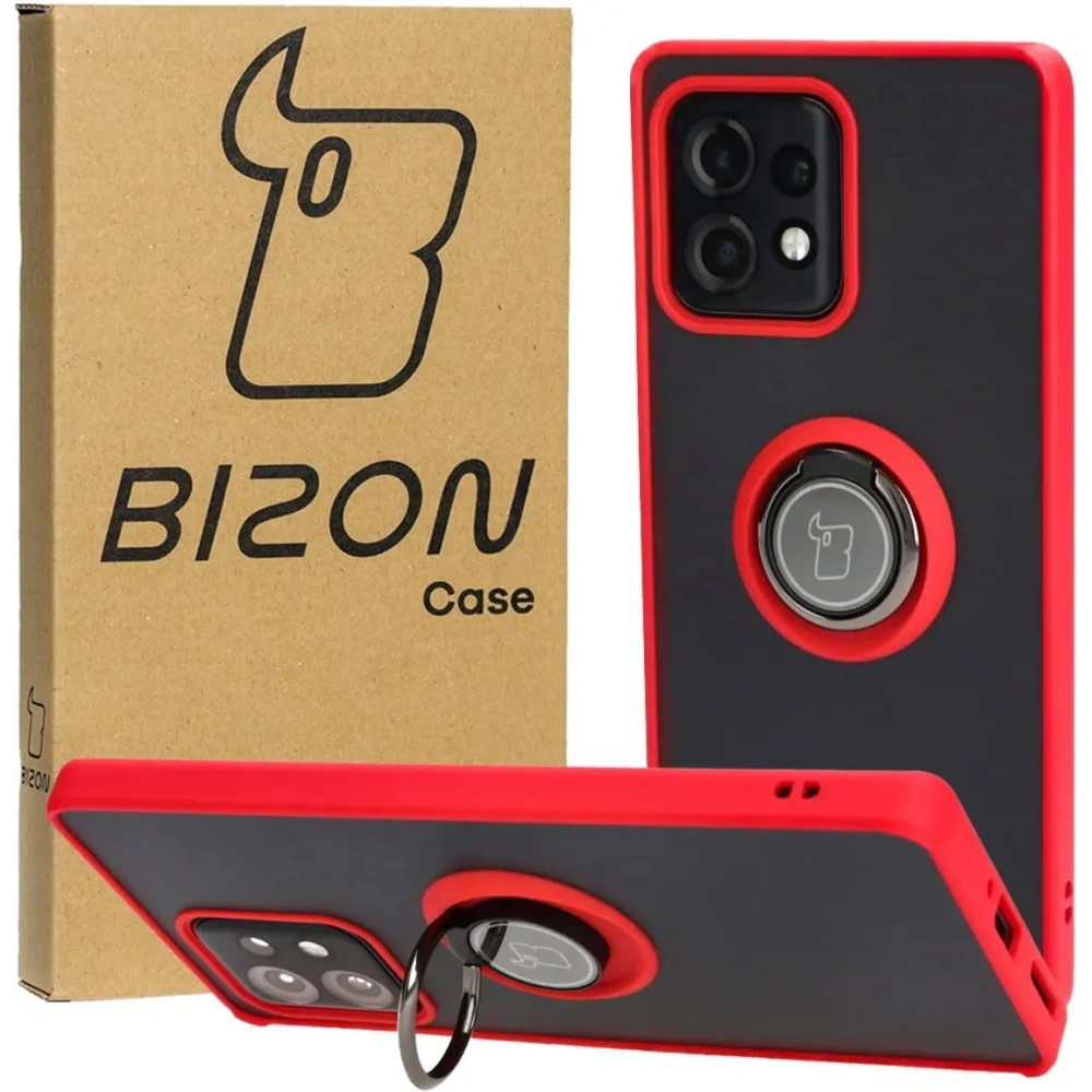 Etui z uchwytem na palec Bizon Case Hybrid Ring do Motorola Edge 40 Pro przydymione z czerwoną ramką