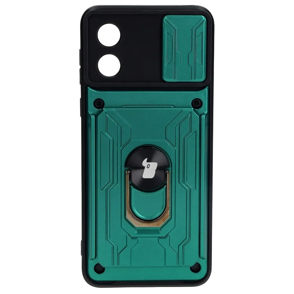 Etui Bizon Case Camshield Card Slot Ring do Motorola Moto E13 5G zielone