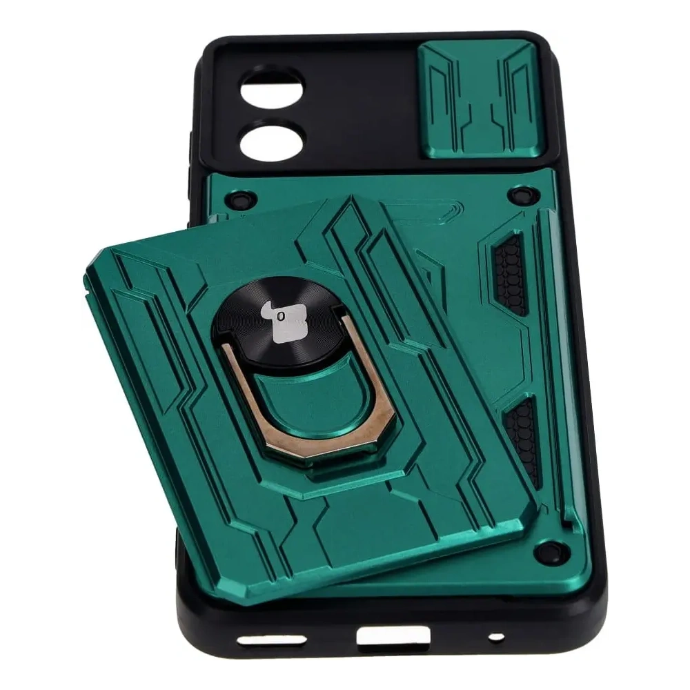 Etui Bizon Case Camshield Card Slot Ring do Motorola Moto E13 5G zielone