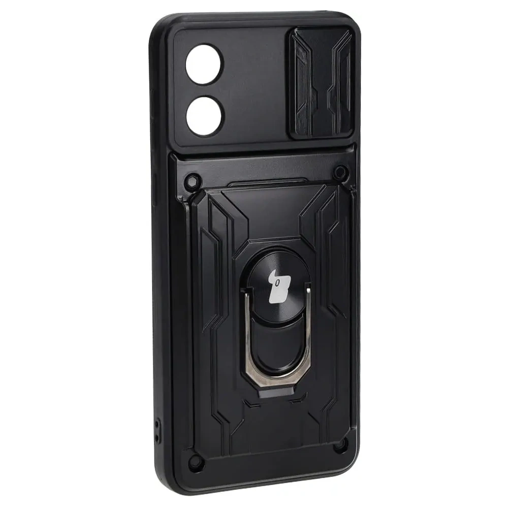 Etui Bizon Case Camshield Card Slot Ring do Motorola Moto E13 5G czarne