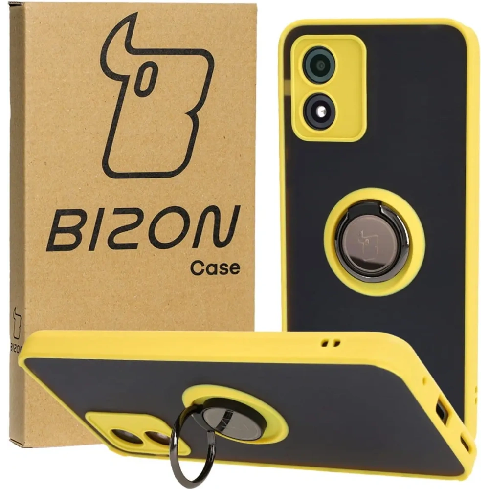 Etui z uchwytem na palec Bizon Case Hybrid Ring do Motorola Moto E13 przydymione z żółtą ramką