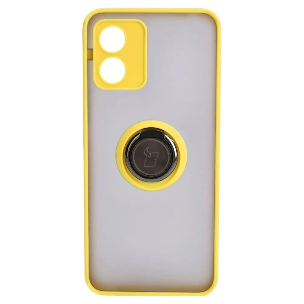 Etui z uchwytem na palec Bizon Case Hybrid Ring do Motorola Moto E13 przydymione z żółtą ramką