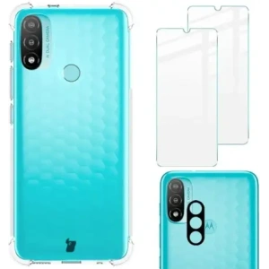 Bizon Case Clear Pack case + 2x screen glass + lens glass Moto E20 clear