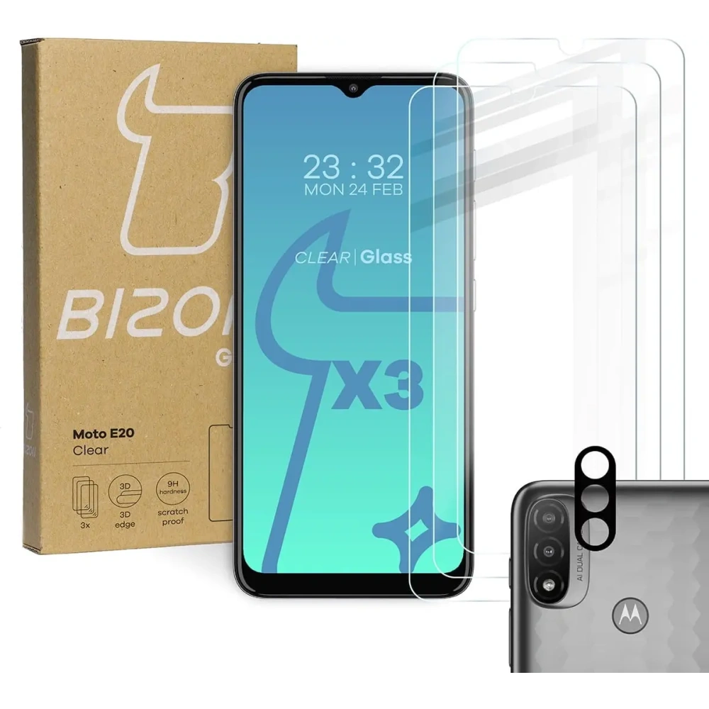 Szkło hartowane Bizon Glass Clear - 3 szt. + obiektyw Moto E20