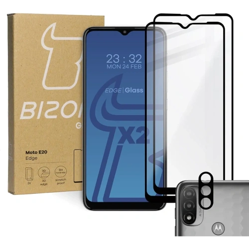 Buy Bizon Glass Edge tempered glass - [2 PACK] + lens protection Moto E20 black - BIZ490 - {ean13} - Home Screen Store Europe