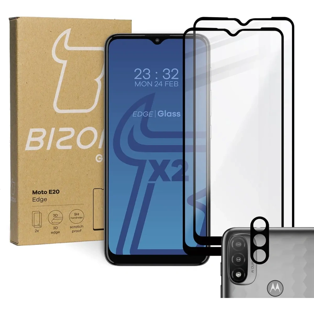 Szkło hartowane Bizon Glass Edge - [2 PACK] + ochrona na obiektyw Moto E20