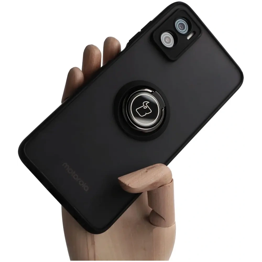 Etui z uchwytem na palec Bizon Case Hybrid Ring do Motorola Moto E22 / E22i przydymione z czarną ramką