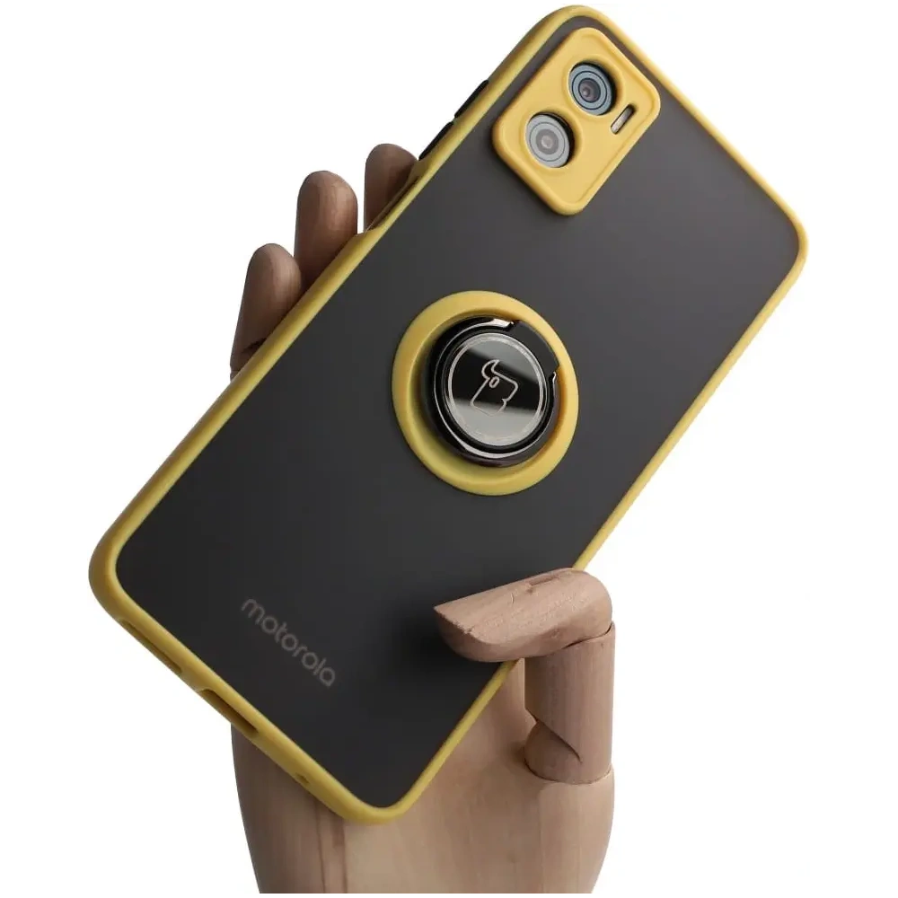 Etui z uchwytem na palec Bizon Case Hybrid Ring do Motorola Moto E22 / E22i przydymione z żółtą ramką