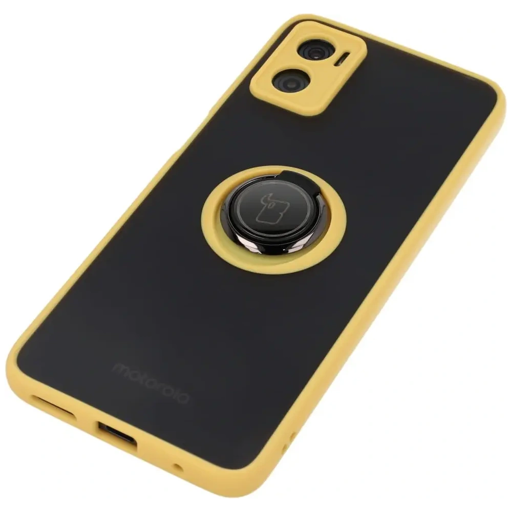 Etui z uchwytem na palec Bizon Case Hybrid Ring do Motorola Moto E22 / E22i przydymione z żółtą ramką
