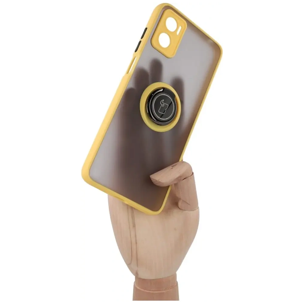Etui z uchwytem na palec Bizon Case Hybrid Ring do Motorola Moto E22 / E22i przydymione z żółtą ramką