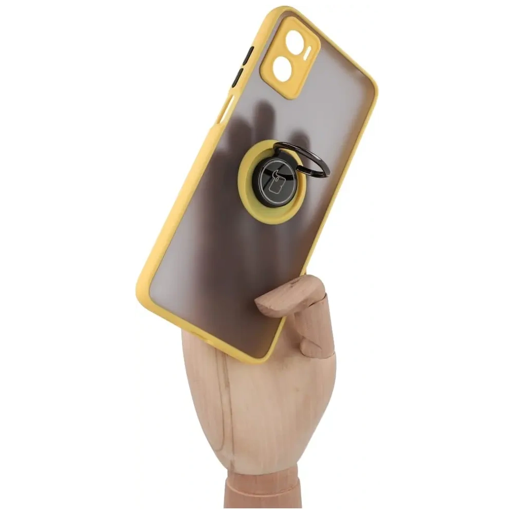 Etui z uchwytem na palec Bizon Case Hybrid Ring do Motorola Moto E22 / E22i przydymione z żółtą ramką