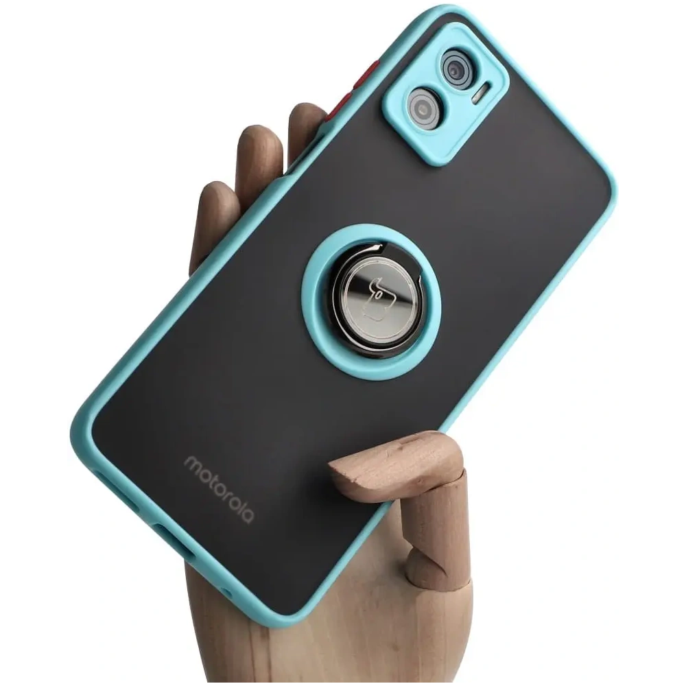 Etui z uchwytem na palec Bizon Case Hybrid Ring do Motorola Moto E22 / E22i przydymione z jasnoniebieską ramką
