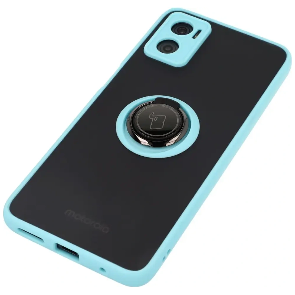 Etui z uchwytem na palec Bizon Case Hybrid Ring do Motorola Moto E22 / E22i przydymione z jasnoniebieską ramką