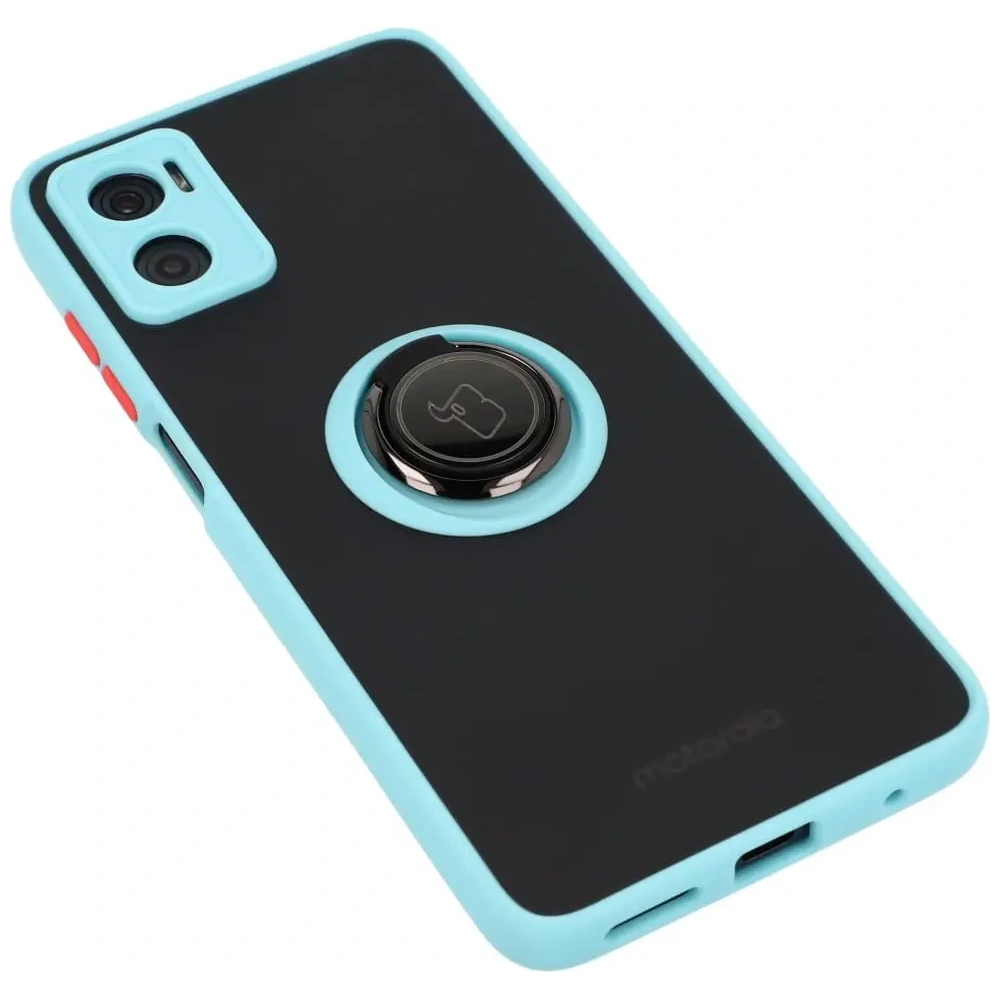Etui z uchwytem na palec Bizon Case Hybrid Ring do Motorola Moto E22 / E22i przydymione z jasnoniebieską ramką
