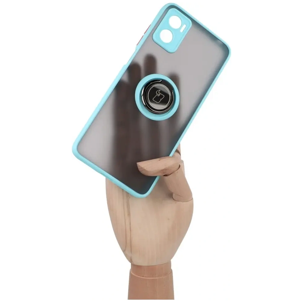 Etui z uchwytem na palec Bizon Case Hybrid Ring do Motorola Moto E22 / E22i przydymione z jasnoniebieską ramką