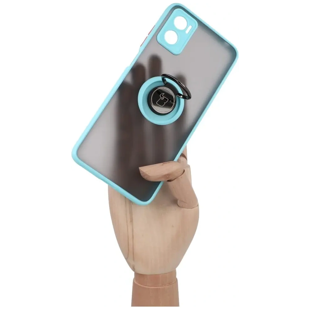 Etui z uchwytem na palec Bizon Case Hybrid Ring do Motorola Moto E22 / E22i przydymione z jasnoniebieską ramką