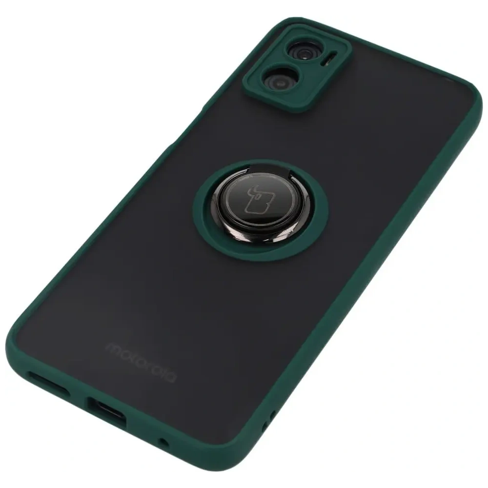 Etui z uchwytem na palec Bizon Case Hybrid Ring do Motorola Moto E22 / E22i przydymione z ciemnozieloną ramką