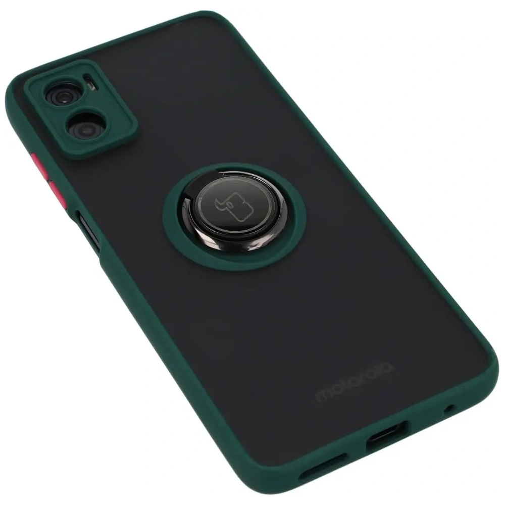 Etui z uchwytem na palec Bizon Case Hybrid Ring do Motorola Moto E22 / E22i przydymione z ciemnozieloną ramką