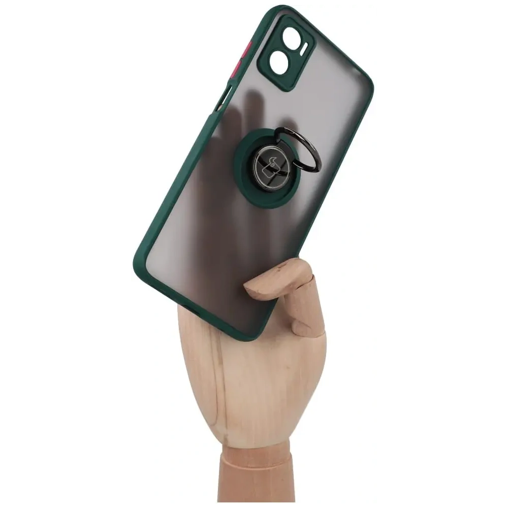 Etui z uchwytem na palec Bizon Case Hybrid Ring do Motorola Moto E22 / E22i przydymione z ciemnozieloną ramką