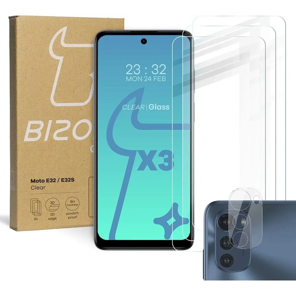 Szkło hartowane Bizon Glass Clear - 3 szt. + obiektyw Motorola Moto E32 / E32s