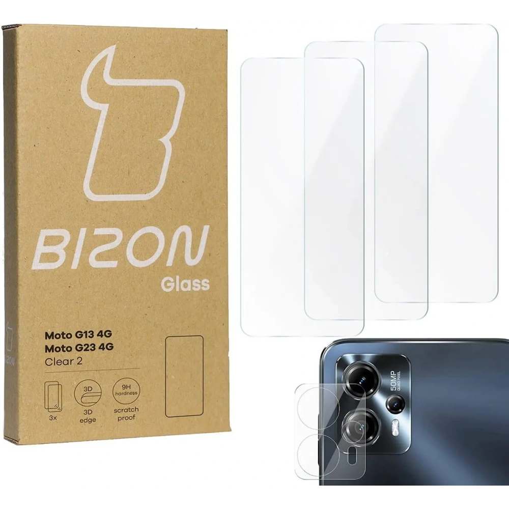 3x Szkło na ekran + szkło na aparat BIZON Clear 2 do Moto G13/G23 4G