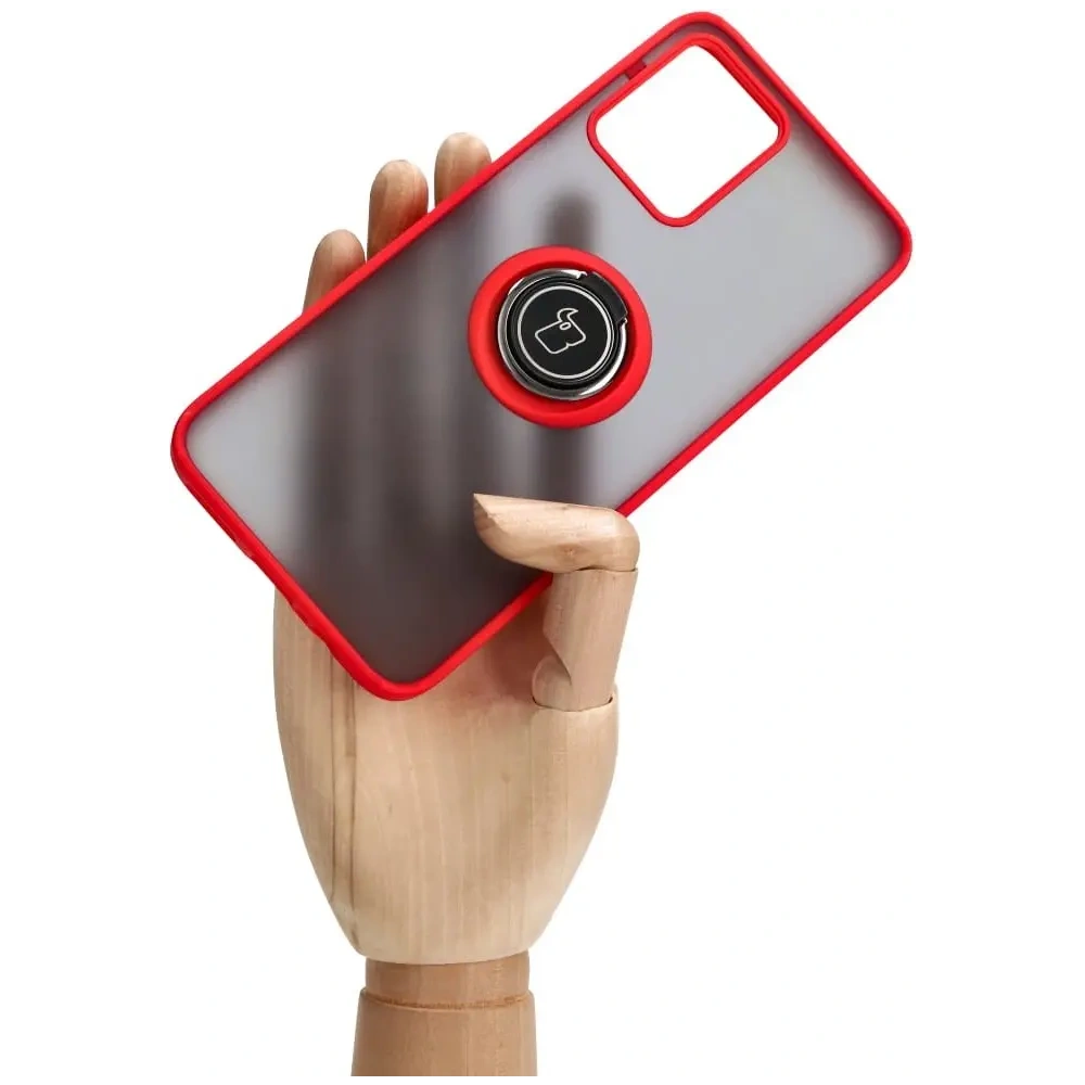 Etui z uchwytem na palec Bizon Case Hybrid Ring do Motorola Moto G13 / G23 / G53 5G przydymione z czerwoną ramką